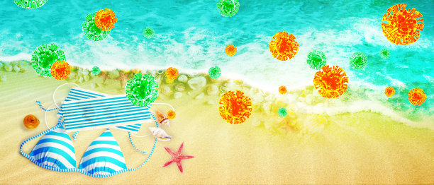 条纹比基尼和冕状病毒面具度假图片下载