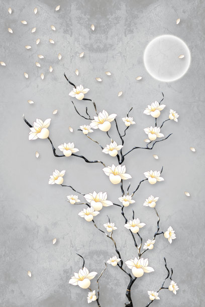 3d壁画墙纸背景。花枝，鹿蝶，云。羚羊。鸟，山，树，太阳在背后。适用于墙壁框架上使用图片下载