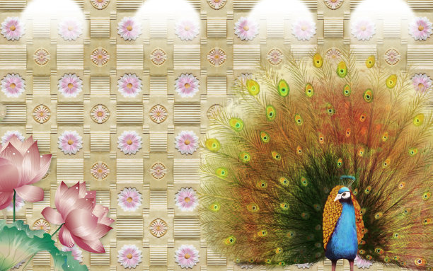 带有花朵的3D壁画背景装饰性和金色珠宝壁纸彩色孔雀图片下载