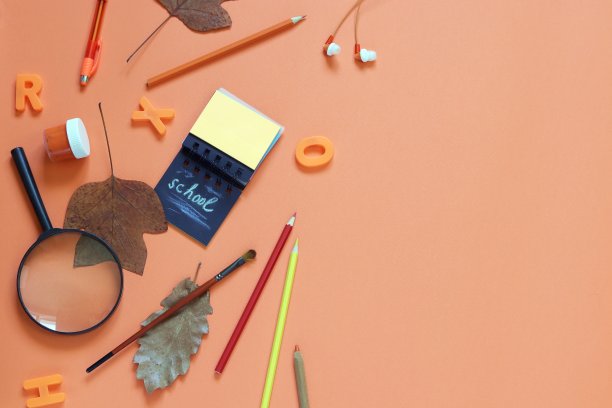 回到学校，文具，树叶上五颜六色鲜艳的背景图片下载