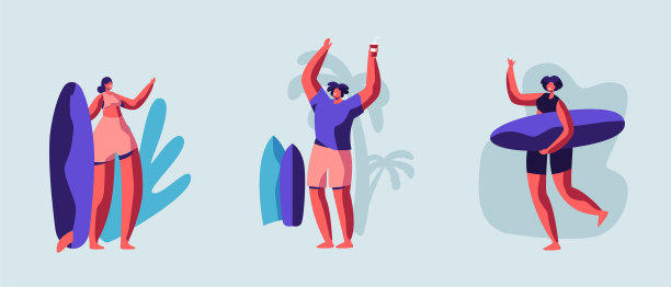 设置年轻的冲浪者与冲浪板的角色图片下载