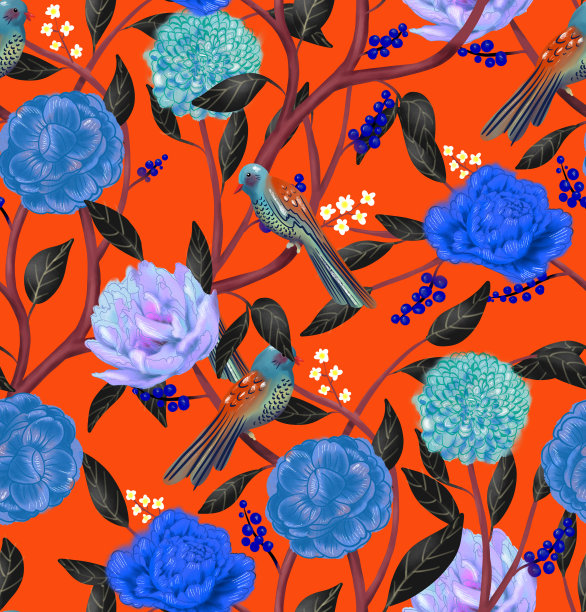 亚洲风格的鸟在有花和浆果的树枝上。无缝模式。股票插图图片下载