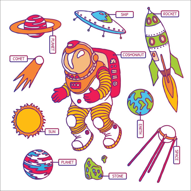 一套星系宇宙元素宇航员、地球、卫星、彗星、行星、太阳、火箭和陨石宇宙矢量卡通插图空间宇宙图片下载