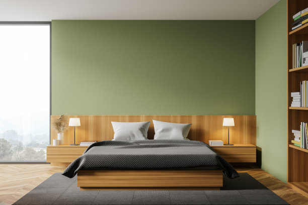 绿色的主卧室内部配有书柜图片下载