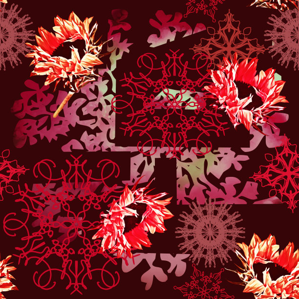 用向日葵和装饰物拼贴，图案无缝。图片下载