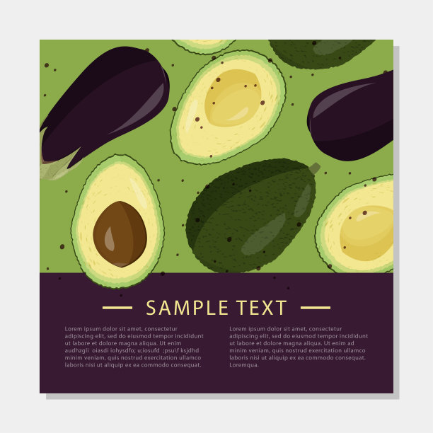 新鲜茄子和牛油果食谱或烹饪卡设计模板。蔬菜茄子背景。图片下载