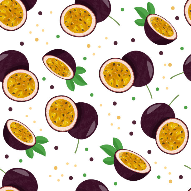 整个百香果和一半白色背景无缝图案。热带素食背景。图片下载