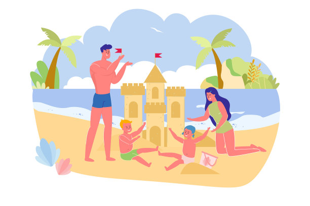家人正在海洋卡通上建沙堡图片下载