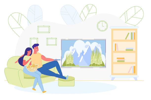 一对夫妇在沙发上吃着爆米花看电视图片下载