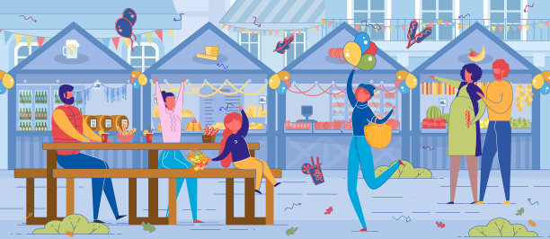 有摊位和餐桌的街头美食节图片下载