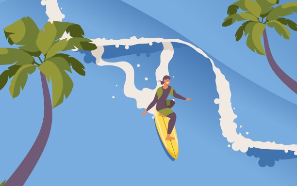 等距男人骑冲浪板。长波,手掌。概念极限运动户外场景图片下载