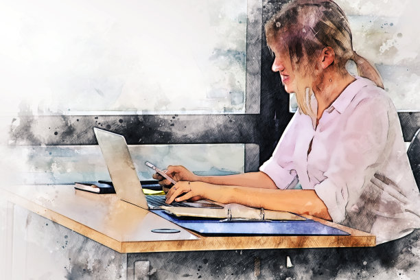 抽象多彩的女人的业务工作在书桌上的水彩插图绘画背景。图片下载