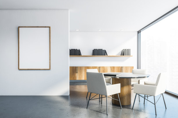 白色家庭图书馆与橱柜和海报图片下载