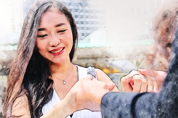 抽象的幸福少女握手和旅游城市的水彩画插画的背景。图片下载