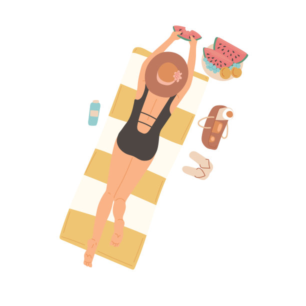 女孩在沙滩上晒日光浴，吃西瓜。在海边放松度假。顶视图矢量平面卡通孤立的插图。图片下载