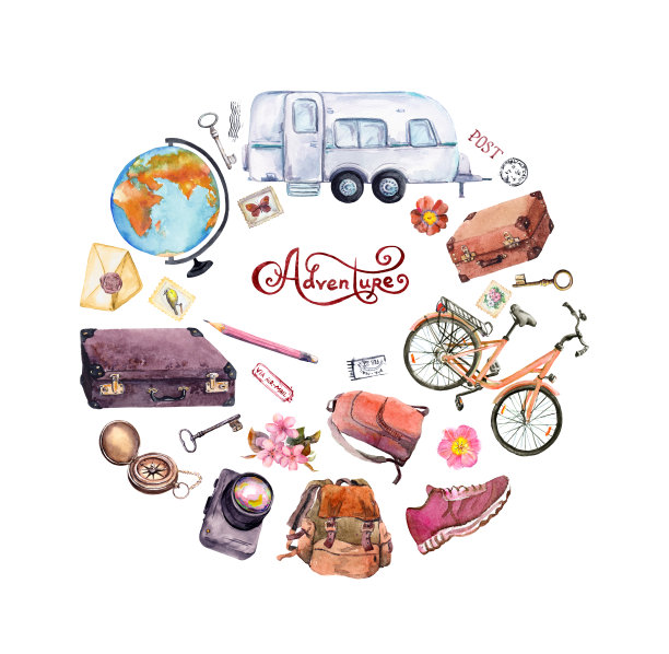 少女，女性旅行卡，海报:鲜花，地球仪，指南针，自行车，手提箱，背包，邮票。复古风格。手绘复古水彩在粉红色，文字冒险图片下载