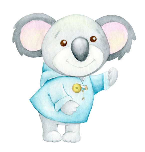 吉隆坡站在那里，穿着蓝色的斗篷。水彩画一个可爱的热带动物卡通风格在一个孤立的背景。图片下载