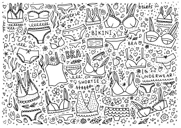 涂鸦内衣插图。黑白底色搭配内衣。设置不同类型的内裤和胸罩。轮廓手绘插图。图片下载