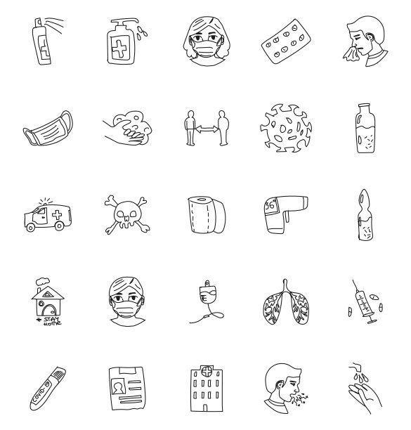 冠状病毒手绘线性矢量图标孤立在白色背景上。用于网页和UI设计、移动应用程序和印刷产品的COVID-19冠状病毒涂鸦图片下载