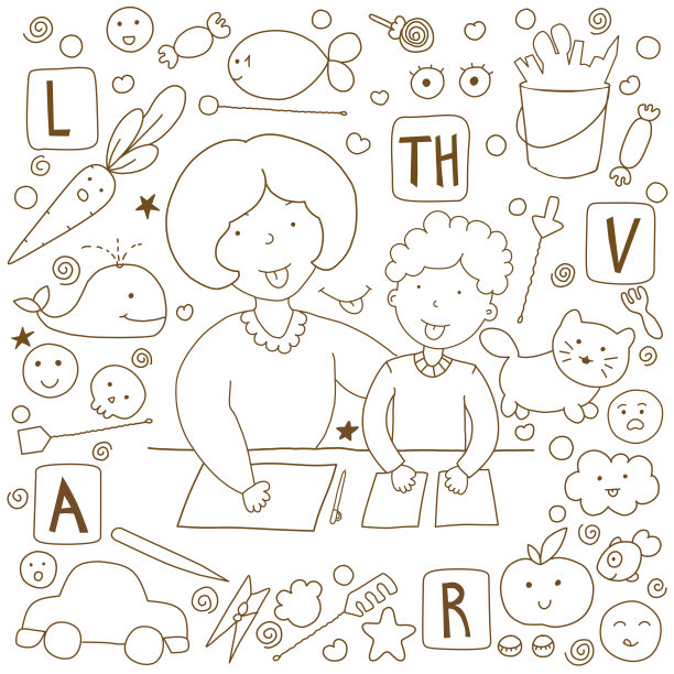 概念言语治疗。涂鸦插图。有语言治疗师和可爱图标的课程。图片下载