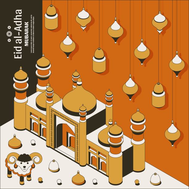 古尔邦节背景等距。伊斯兰阿拉伯清真寺，灯笼和羊。贺卡。祭祀节。矢量图图片下载
