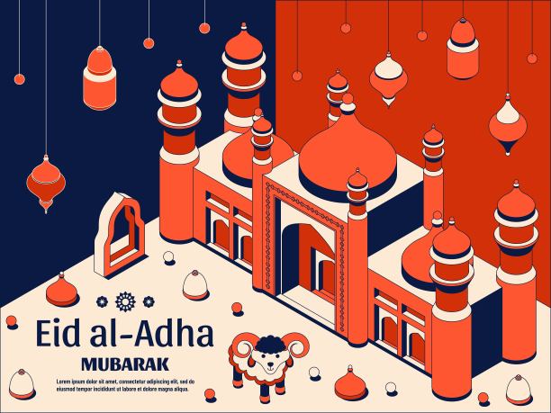 古尔邦节背景等距。伊斯兰阿拉伯清真寺，灯笼和羊。贺卡。祭祀节。矢量图图片下载