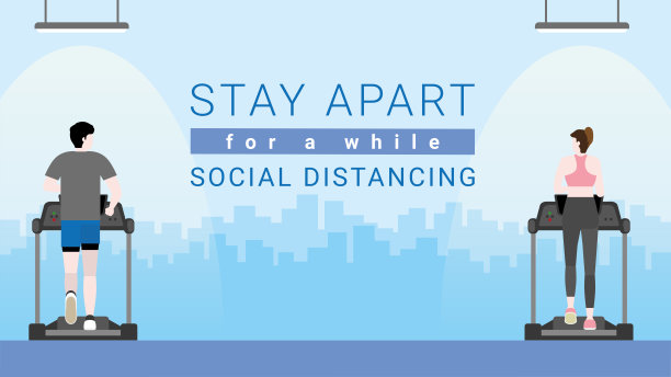 检疫。情侣在健身中心的跑步机上跑步和慢跑。新的正常生活方式是暂时保持距离和社交距离。covid-19冠状病毒大流行后。平的风格。图片下载