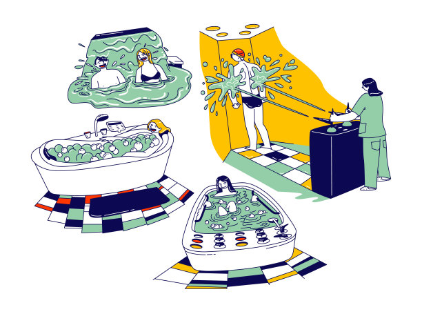 男女角色在水疗沙龙或疗养院享受水疗按摩。男人和女人在浴缸与汩汩的水图片下载