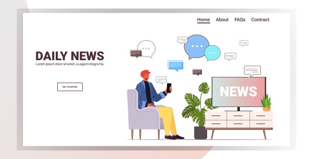 男人在看电视和讨论日常新闻的手机聊天应用聊天泡泡的交流概念图片下载