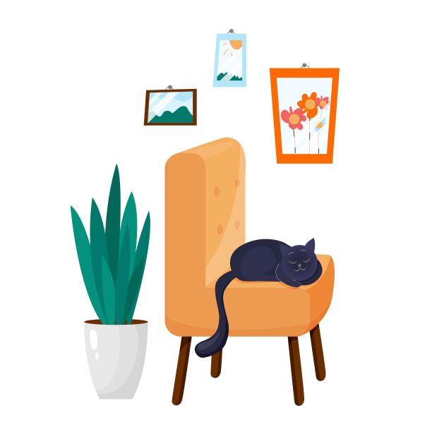 猫躺在客厅的扶手椅上，温室植物，墙上的图片。矢量插图。图片下载
