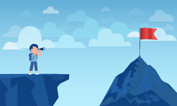 矢量的一个男孩在悬崖边通过双筒望远镜看在山顶上的红旗图片下载