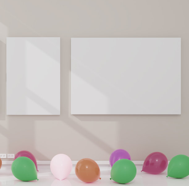 日光室里的帆布和气球。3 d渲染模型。3 d演示。方的概念图片下载
