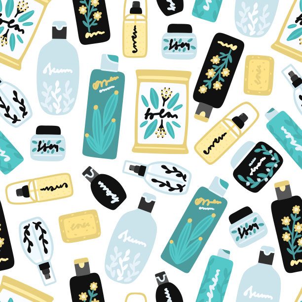 矢量无缝图案与化妆品产品。背景与天然化妆品。美容护理。平面手绘元素图片下载