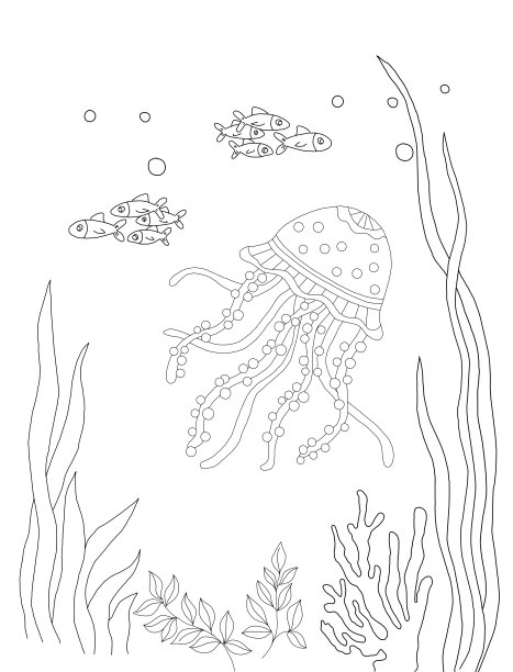 着色页面。海洋野生动物。深海中的水母图片下载