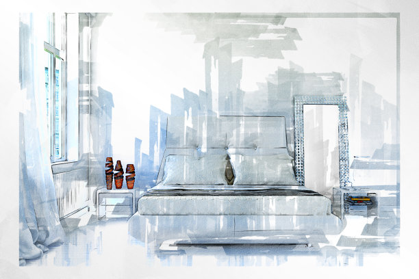 豪华卧室正面景观与装饰-素描与马克股票照片图片下载