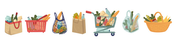 超市或市场食品在篮子和纸袋图片下载