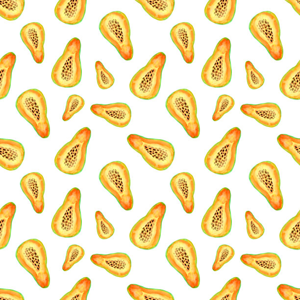 异国情调的水果插图。水彩橙色木瓜无缝模式孤立的白色背景。水果背景织物，包装，壁纸设计。图片下载
