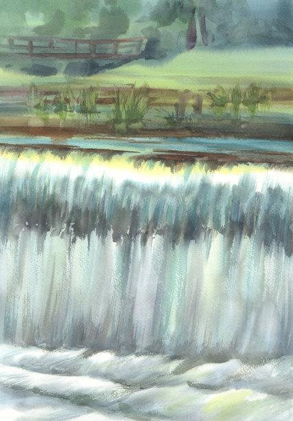 风景与夏季水彩瀑布的背景图片下载