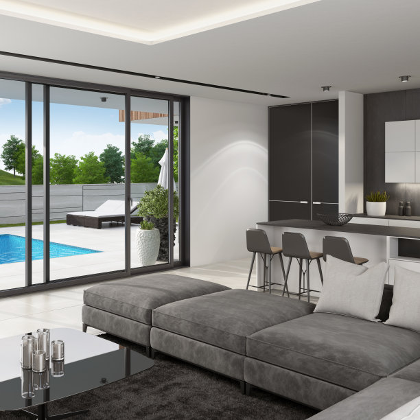 夏季日光下的奢华别墅游泳池内景图片下载