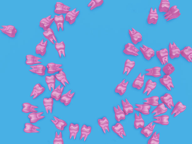 蓝色背景下的粉色臼齿。最低限度的牙科护理概念。三维渲染图片下载