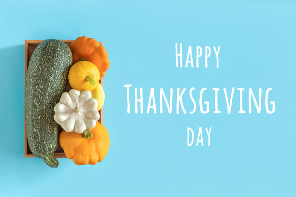 感恩节快乐文字和收获不同颜色的蔬菜葫芦，南瓜，西葫芦，南瓜在一个木盒子在蓝色的背景。平铺图片下载
