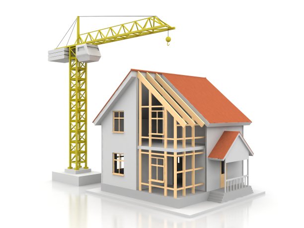 房子的3d渲染插图与开放的内部顶部。蓝图，文件，起重机和抵押贷款计算。图片下载