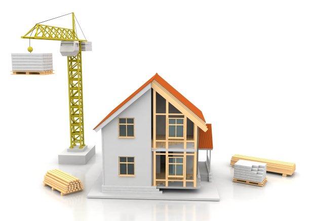 房子的3d渲染插图与开放的内部顶部。蓝图，文件，起重机和抵押贷款计算。图片下载