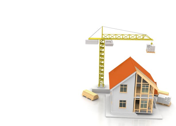 房子的3d渲染插图与开放的内部顶部。蓝图，文件，起重机和抵押贷款计算。图片下载