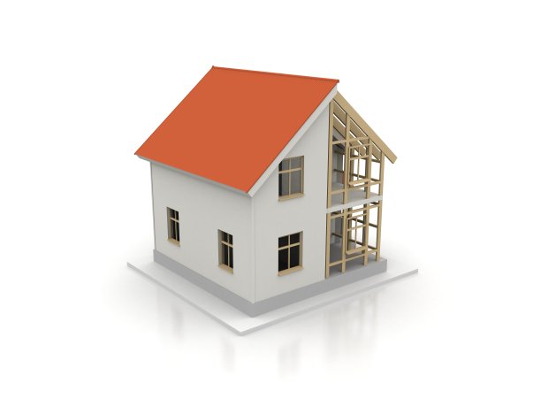 房子的3d渲染插图与开放的内部顶部。蓝图，文件，起重机和抵押贷款计算。图片下载