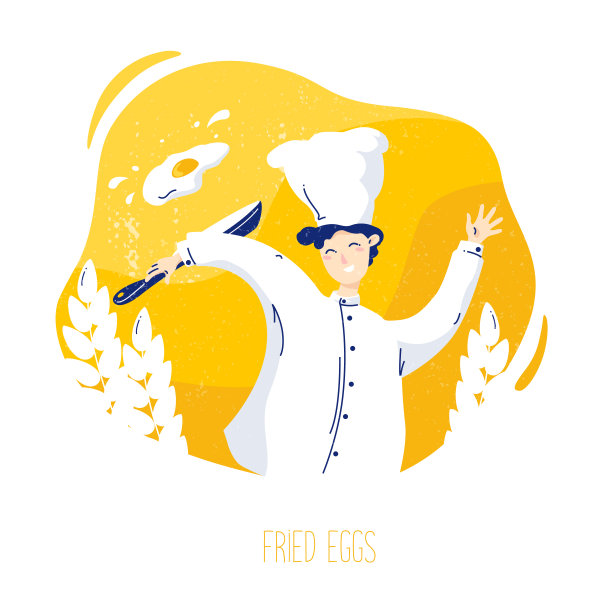 可爱的厨师在黄色背景的平底锅里扔鸡蛋。矢量烹饪旗帜在平面线性风格图片下载