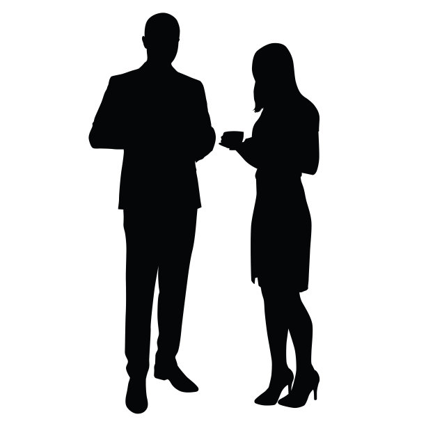 男人和女人站在一起喝咖啡。向量轮廓。休息，是在办公室工作时放松的时间。男人穿西装，女人穿衬衫，裙子和高跟鞋。经理，教师，律师，商人，商业伙伴，官员图片下载