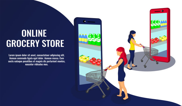 一个推着购物推车的女孩在打电话买东西。图片下载