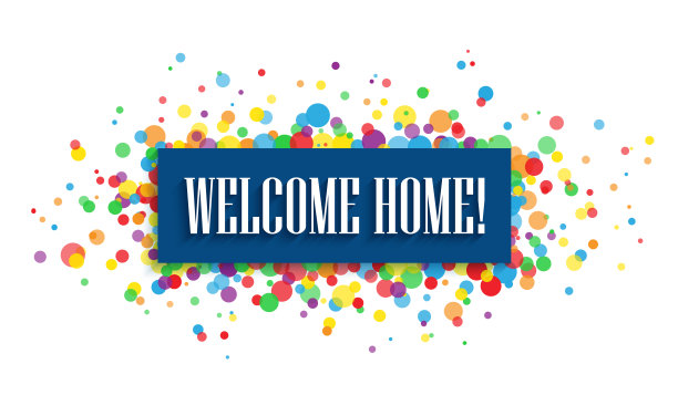 欢迎回家!彩色印刷横幅与五彩纸屑图片下载