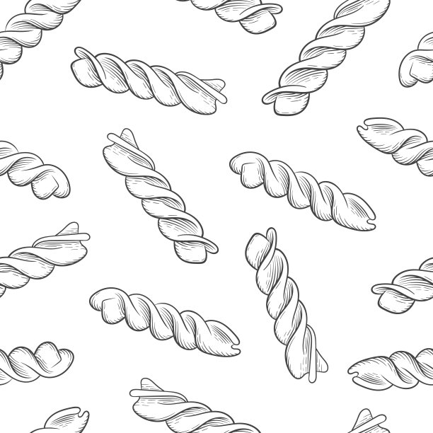 意大利Fusilli意面，无缝背景。素描雕刻、水墨、线条艺术。意大利美食的传统。用于菜单设计，包装，室内等。图片下载